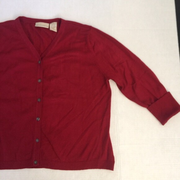 Apostrophe Cardigan Red 3/4 Sleeves Vintage Made in HK Acrylic Nylon Size Large - Picture 6 of 11